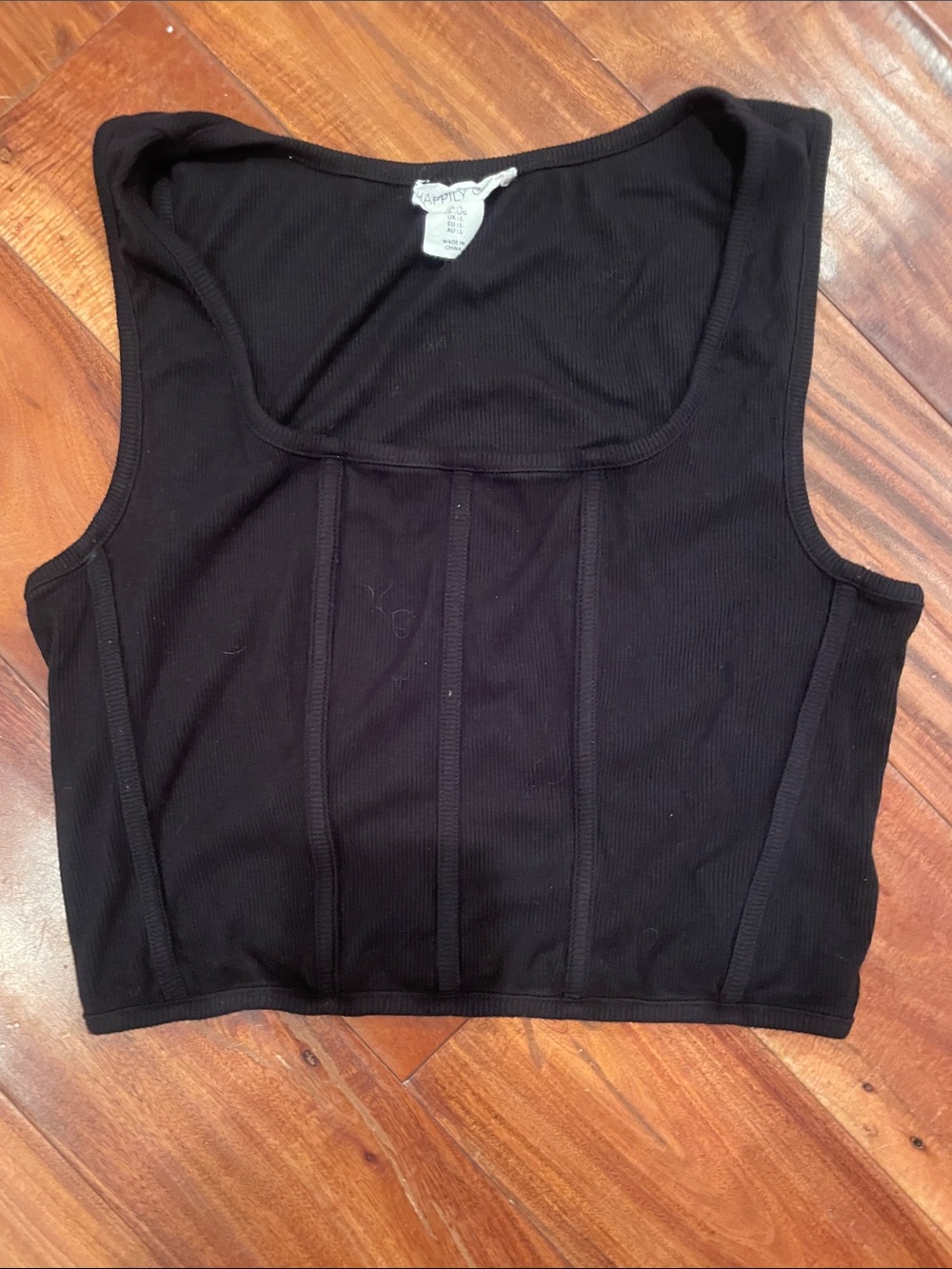 Black Ribbed Square-Neck Crop Top with Seamed Detail